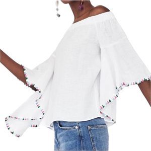 Zara White Linen Top S Off  The Shoulder Tunic Flutter Sleeve Fringe Blouse Boxy